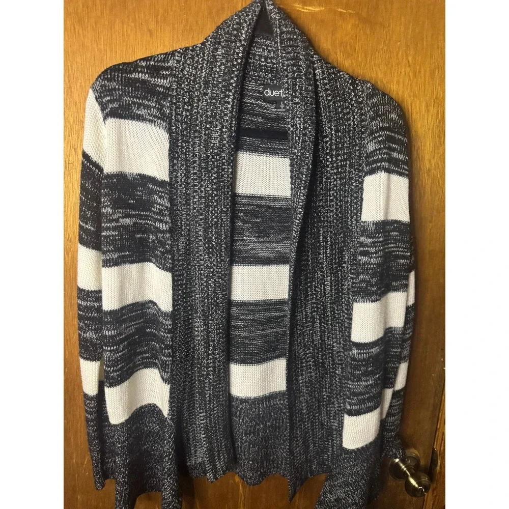 Duetime Maternity Cardigan Sweater L Navy Blue White Striped Open Front Shawl